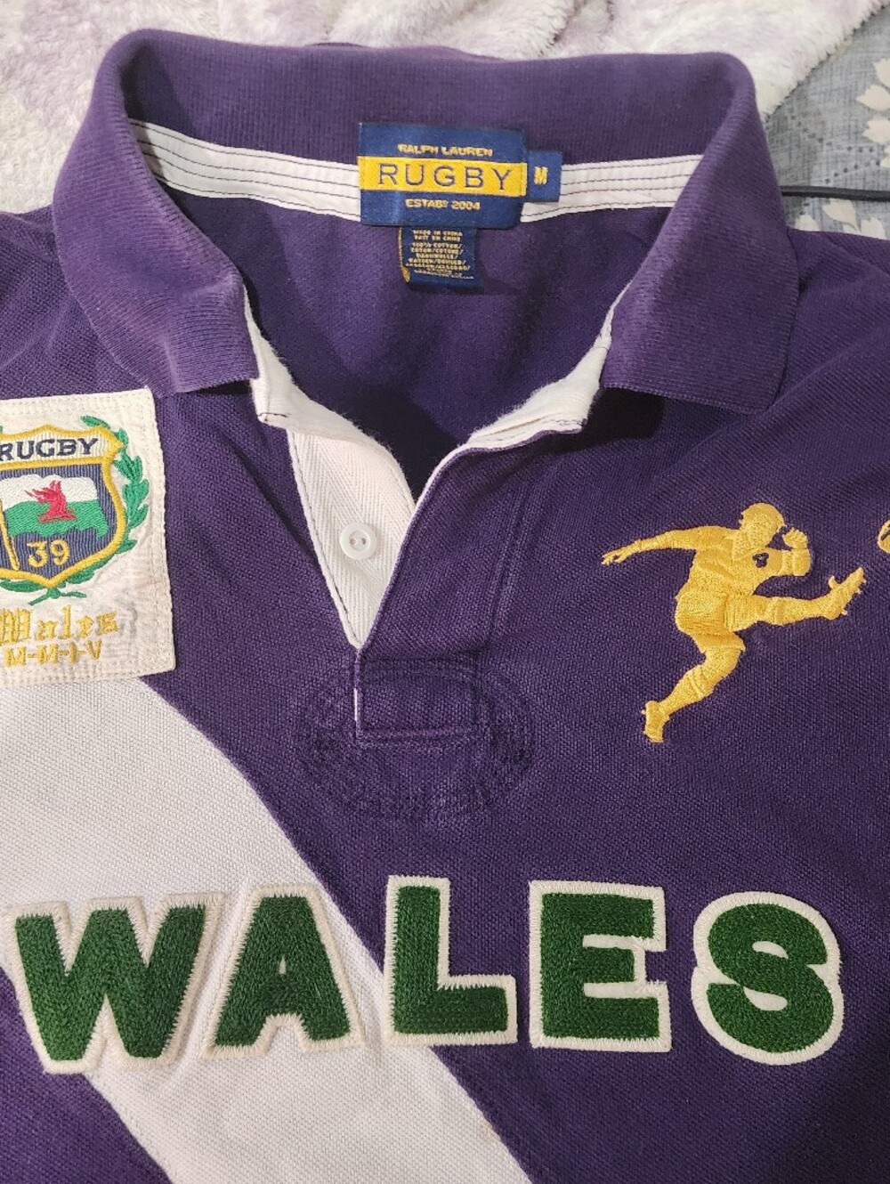 Ralph Lauren Purple Polo with White Diagonal Stripe and Green WALES. S-M - Picture 5 of 7